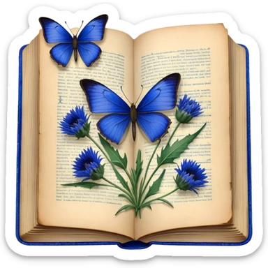 A vintage book with a worn blue cover, open to reveal pressed blue cornflowers and a resting green butterfly. sticker