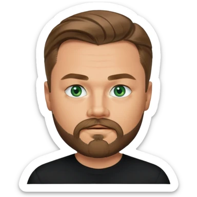 a good looking like leonardo di caprio blue eyes, beard, mustache, a black shirt, green eyes sticker