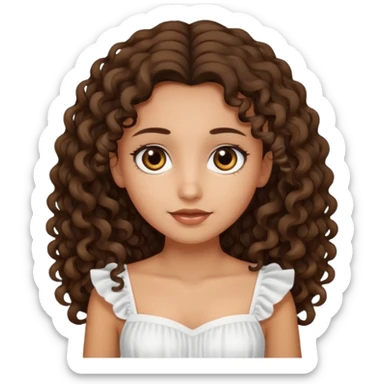 Light tanned skin girl with dark brown very long curly hair, dark eyes, white dress  sticker