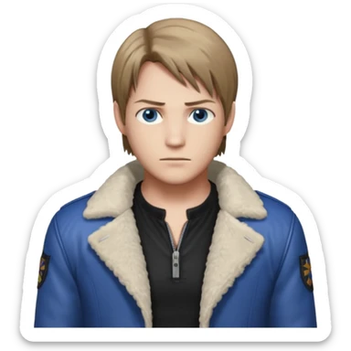 Leon Kennedy from resident evil 4 remake in sheepskin coat and black t-shirt blue eyes clean-shaved sticker