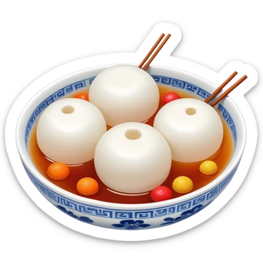 Lantern Festival tangyuan sweet rice balls in syrup with festive elements, simplified emoji style with bold outlines and bright colors, cartoon style colorful glutinous rice balls sticker