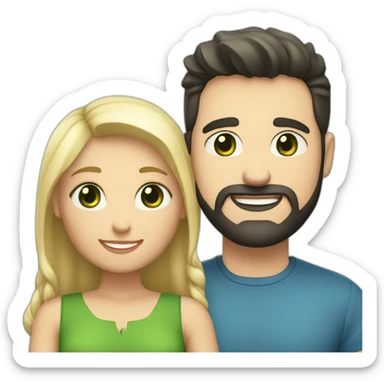 A happy couple, blond chubby girl with blue eyes and black haired and bearded man with green eyes sticker
