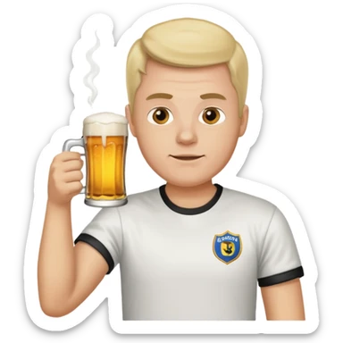 Men with Bolsdorf shirt drinks beer and watches race sticker