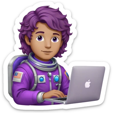 dude astronaut with purple suit, blue eyes, brown wavy hair and one macbook sticker