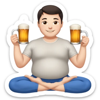 big white guy sitting in yoga pose, winter dressed, short dark hair, holding beer mugs in two hands, sitting sticker