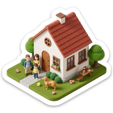 skeuomorphic icon of a cozy house with a family of four (two adults, two children) and a dog in front, realistic textures and soft shadows sticker