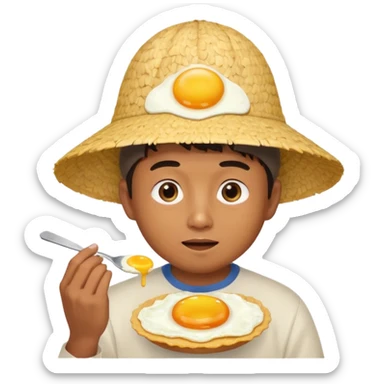 Asian guy with a rice hat eating an egg sticker