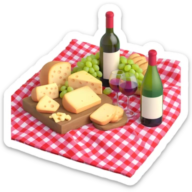 picnic with cheese, bread, grapes and wine on a red and white checkered blanket sticker
