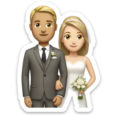 Wedding couple. Bride has light brown hair shoulder length. She wears a classic dress. She has grey eyes. Groom has olive green suit. He has blond hair. He wears glasses. He has brown eyes. sticker