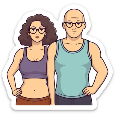 caucasian bald man with glasses and caucasian woman wearing no glasses, long curly dark hair and big boobs and a tank top sticker