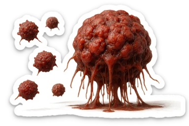 cellule umane anatomiche tumorali e deformi fluttuano in aria,+ iperrealistico 4k sticker