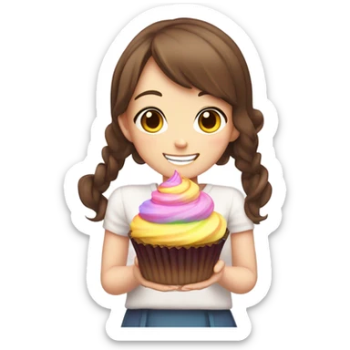 Cute anime girl with brown hair holding a cupcake sticker