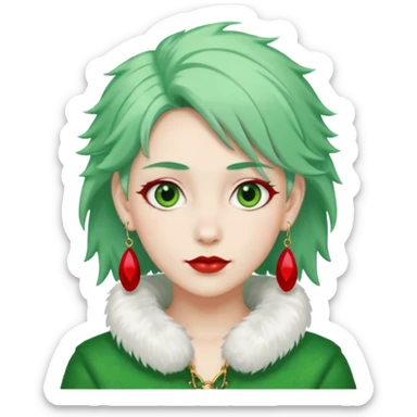white furred unicorn with green hair and big red earrings looking into camera sticker