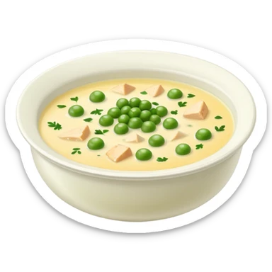 A bowl of creamy soup made with chicken broth, peas, chives, parsley, and Parmesan cheese sticker