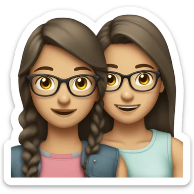 two brunette teenage girls hugging each other one with braces other with clear glasses sticker