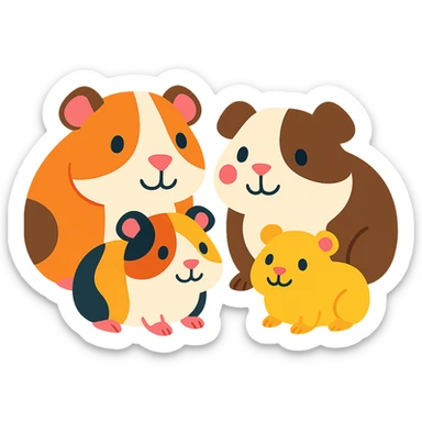 a family of happy and cute guinea pigs, colorful and friendly illustration style, white background sticker