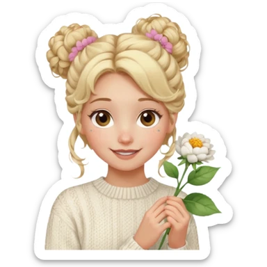 blonde hazel eyes girl holding a flower with a white cable knit sweater and a curly messy bun with tendrils of hair flowing down her face and she is happy pale, some freckles, blush sticker