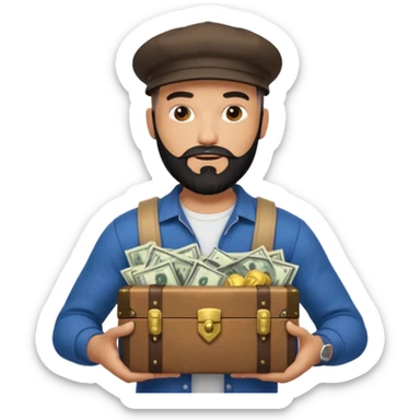 Strong bald man black beard snapback, holding treasure chest full of papers, Instagram logo glowing, dollar signs, minimalStrong bald man black beard snapback, holding treasure chest full of papers, Instagram logo glowing, dollar signs, minimal sticker