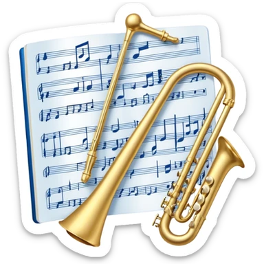 Create an artistic emoji that represents music arrangement and orchestration. The design should feature various orchestral instruments (drums, violin, electric guitar, synthesizer) and conductor's baton, musical scores. Incorporate flowing lines to represent harmony and orchestral balance, along with a subtle representation of sheet music. Use rich, classical colors like gold, silver, or deep blue, and create an atmosphere of sophistication and precision. The background should be transparent. sticker