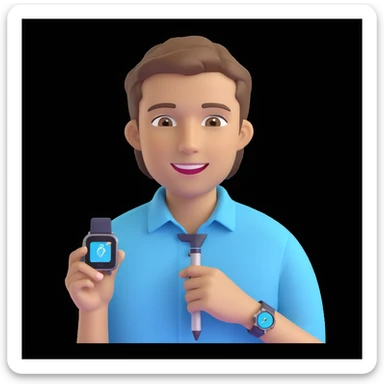 apple-style 3D emoji avatar of a fair, handsome young man with light brown hair, brown eyes, bright smile, wearing pastel blue button-up shirt, digital pen behind one ear, smartwatch, creative tech-savvy vibe, dark background sticker