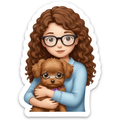 Girl with Brown curly hair and glasses hugging a york  sticker