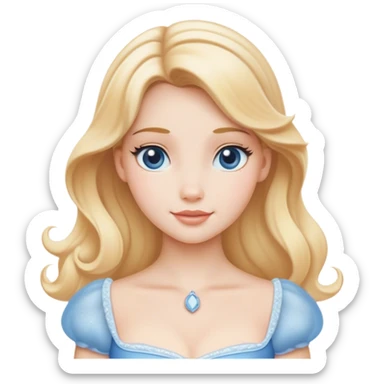 Cinematic Serene Cinderella Portrait Emoji, rendered in a realistic, vector-style with minimal shading. Depict a gentle Cinderella (chest and above) with porcelain skin, smooth blonde hair falling in soft waves, and calm, inviting eyes. Dressed in her modest daytime dress, she exudes quiet grace and pure enchantment, highlighted by a soft glowing outline. sticker