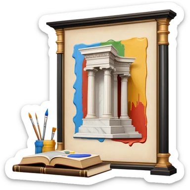 An icon featuring a paint palette, a sculpture, and a book, symbolizing the study of culture and art. The design includes a classical column and a canvas, representing art history and cultural exploration. Transparent background highlights the connection between creativity and history. sticker