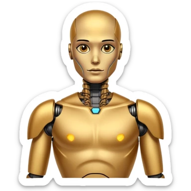 gold Tatooed robot, big many tatooes on chest, neck and face, tatoo on face sticker