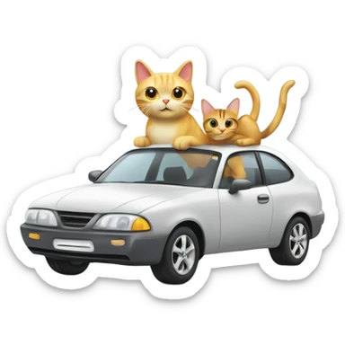A cartoon emoji-style car with a cat sitting on the open hood, holding a wrench and smiling sticker
