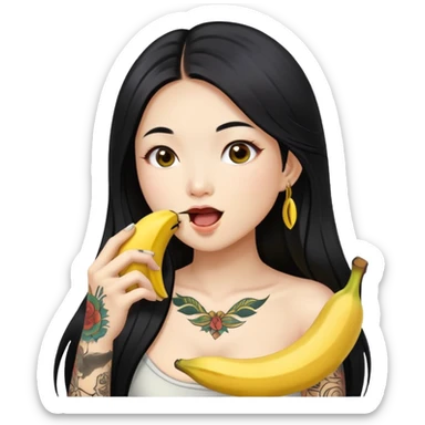 Beautiful Asian girl with long black hair and body tattoos eating a banana sfw sticker