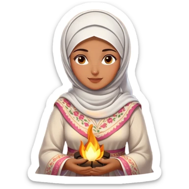 An Arab woman dressed in a beautiful floral traditional outfit with a delicate white headscarf sits by a fire at night. The warm glow of the flames highlights her radiant features, giving the scene a soft, serene, and intimate feel. sticker