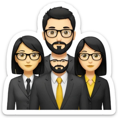A work group avatar.Layout: two men (middle), two women (sides). Left woman: yellow skin, long black hair, glasses. Middle-left man: yellow skin, short black hair, thick black beard, shirt. Middle-right man: yellow skin, short black hair, no beard, suit. Right woman: yellow skin, long black hair.  sticker