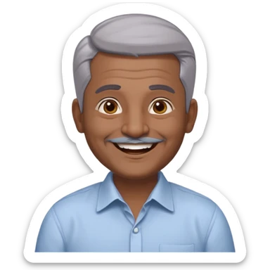 50 yr old indian man, dark skin, grey hair, big smile, white teeth, chubby, no moustache, clean shaven, young style hair, hair brushed back, 5 oclock shadow, bindy on forehead, dress shirt, bindy sticker