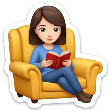 Jane Austen inspired brunette character reading a book sitting in a cozy chair, emoji style sticker