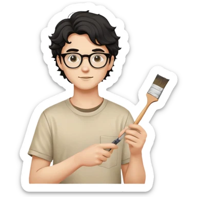 Young caucasian man with black wavy hair, round glasses, beige painting shirt, holding a square paintbrush sticker