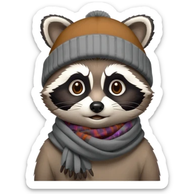 Racoon with scarf and beanie cap sticker