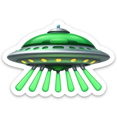 UFO flying saucer, green lights, cartoon sci-fi emoji, no background sticker