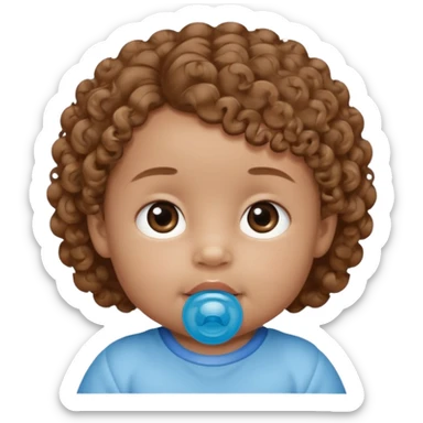 A baby with light brown skin, soft curly light-brown hair, wide brown eyes, and a blue pacifier.  sticker