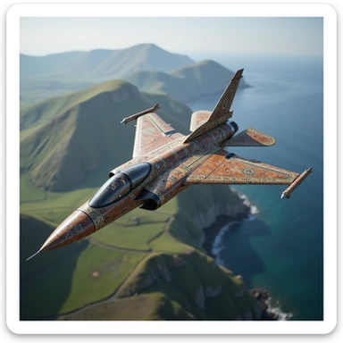 photorealistic modern jet fighter inspired by Norse and Ottoman warrior motifs, camo and ornamentation from Turkish, Balkan, Celtic, South Asian cultures, mix of wood, metal, precious materials, flying over lush Scottish valley and sea, harmonious blend of all mentioned cultural influences sticker