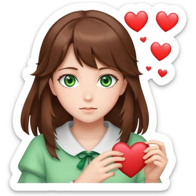 brown hair, green eyes, anime girl with hearts sticker