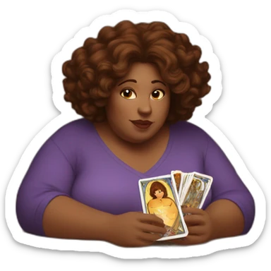White big Woman, brown eyes, with short brown messy hair reading tarot card on a table sticker