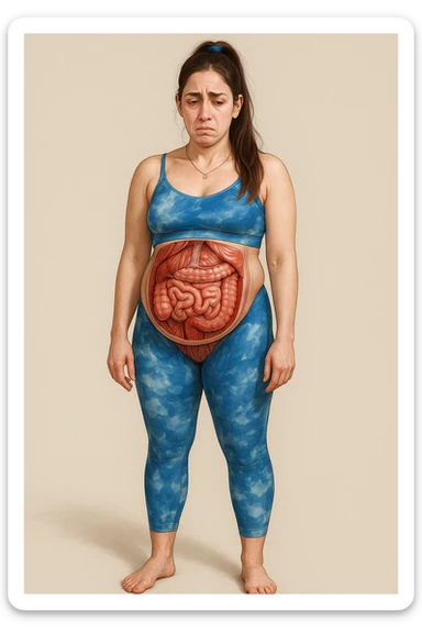Realistic anatomical illustration of a woman in sportswear inspired by the reference photo, with a bloated belly. Highlight abdominal organs and involved muscles, expression of discomfort, neutral background. sticker