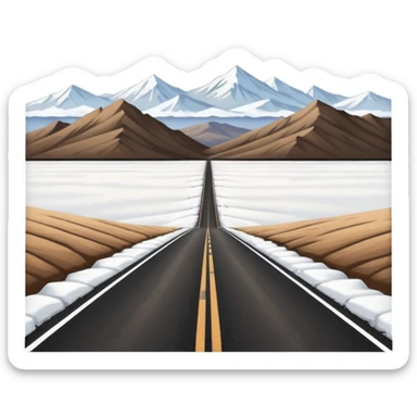 A long straight dirt road that disappears into the horizon half way up the screen from the perspective of someone sitting in the middle of the road looking down it. Flat snow fields on both sides of the road with huge looming mountains above the roads horizon line. sticker