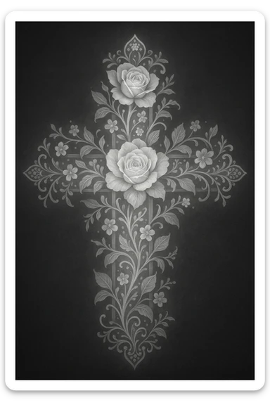a luminous grey flower cross, highly detailed, with delicate floral elements sticker