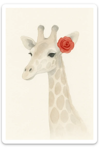 giraffe with a red rose behind her ear, rendered in a soft, realistic watercolor style sticker
