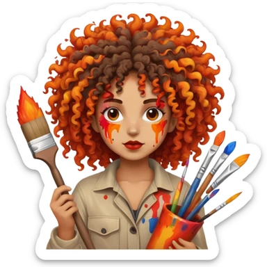 Artistic character with crazy wild hair, creative chaotic vibes, holding paint brushes and surrounded by intense fiery artwork sticker
