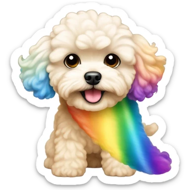 Cream colored maltipoo with rainbow tail sticker