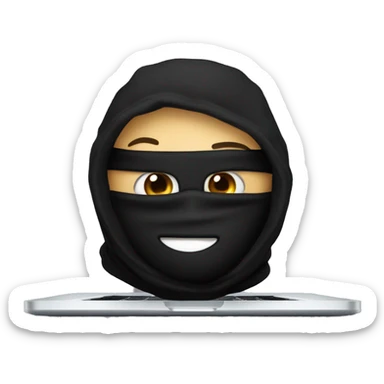 A guy in a black balaclava with eyes in the form of dollars is sitting on an apple laptop sticker