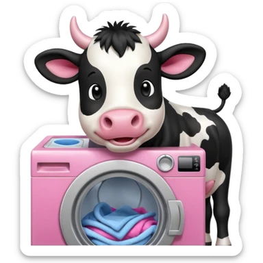 cartoon Friesian cow loading laundry into a washing machine sticker