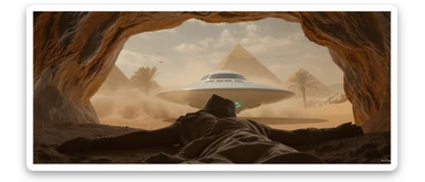 cinematic still, documentary photography, acient egypt, back shot of a man dress in ancient clothes in cave (frame in frame effect) on ground laying front of small ufo starship, sand flying around, palms, dynamic scane, leading lines, captured by arri alexa, depth layers, piramids in babckground sticker